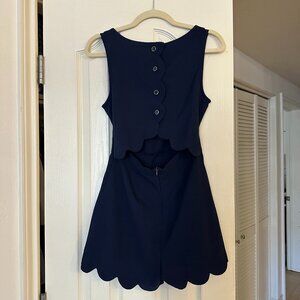 Monteau Scallop Edge Sleveless Romper with Open Back - Navy - Small